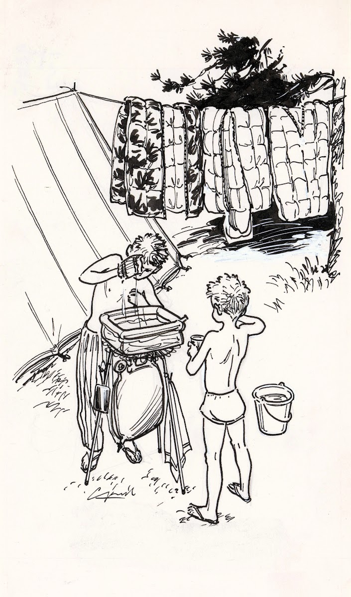 Zich wassende jongens op een camping 1930