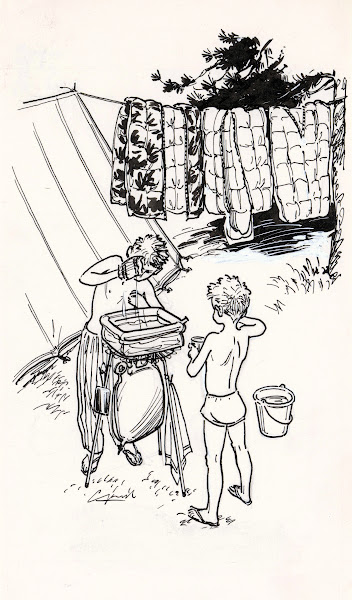 Zich wassende jongens op een camping 1930