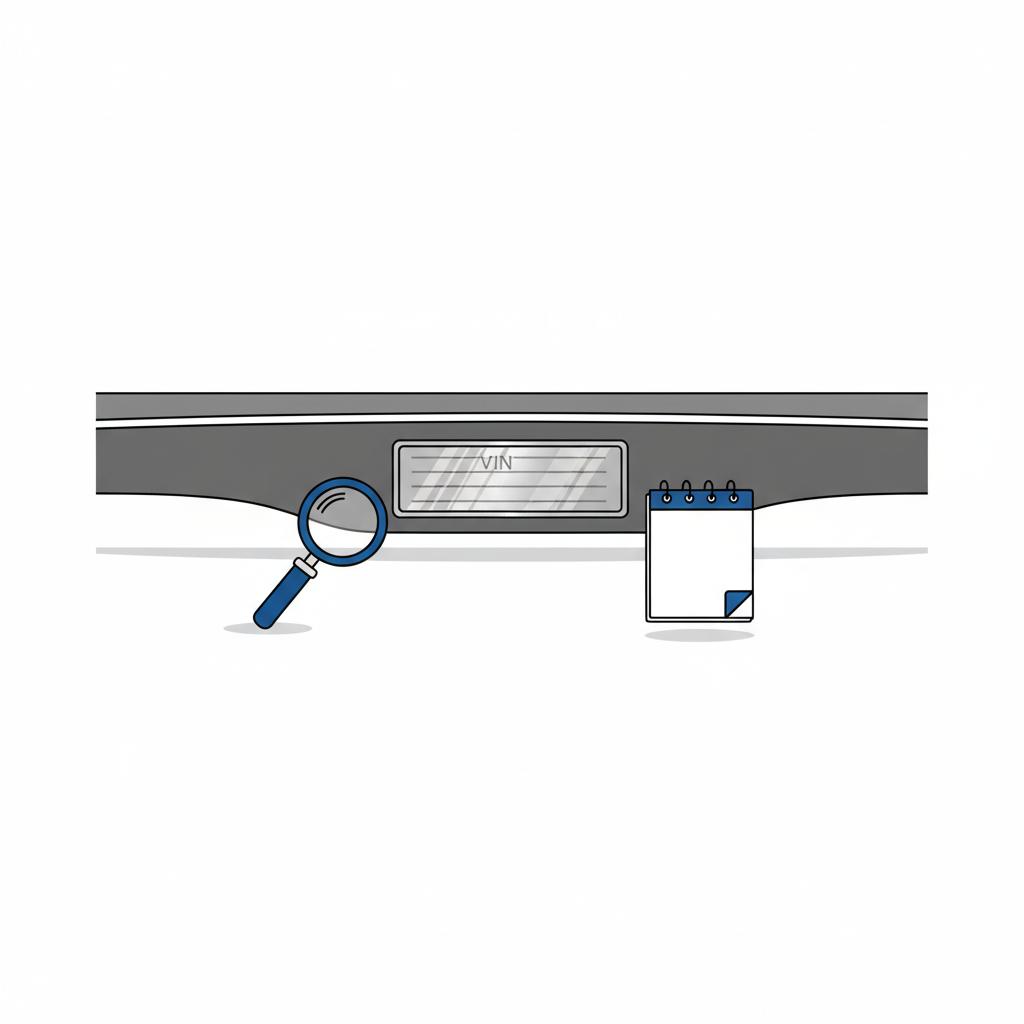 Minimalist 2D vector close up of a VIN plate on a car dashboard with a magnifying glass and notepad for chrysler 300 for sale