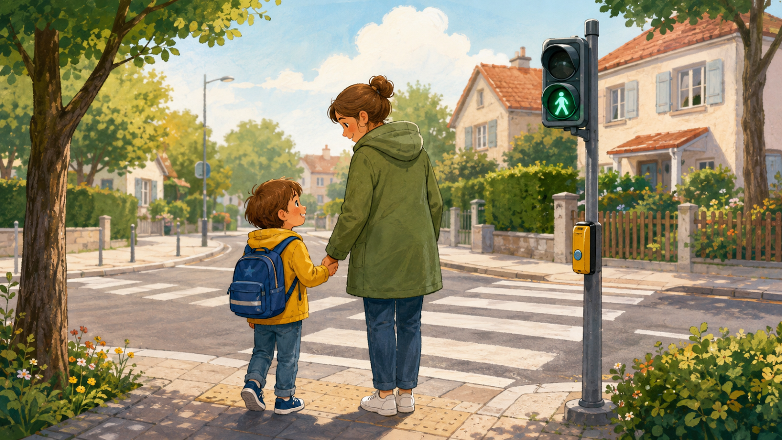 Kind und Erwachsener üben aufmerksam einen sicheren Schulweg an einer Straße