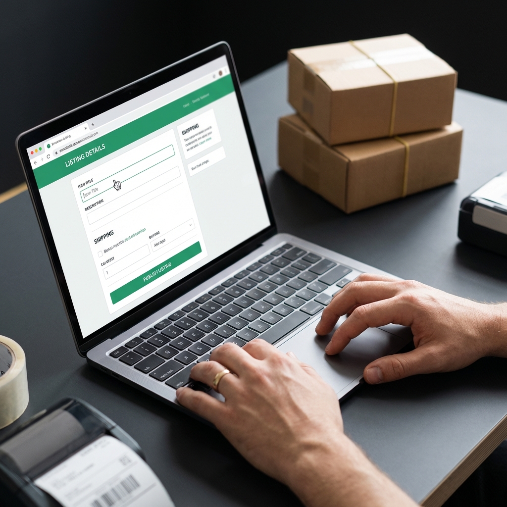 Close up photo of hands listing an item on a laptop with shipping boxes nearby emphasizing flipping and reselling how do i start investing with little money