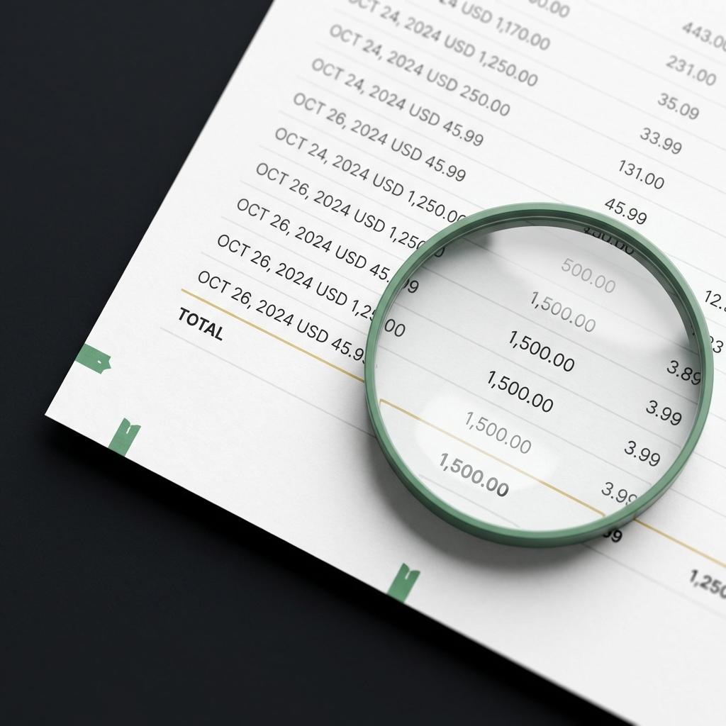 Close up printed transaction ledger showing dates and USD values with a magnifying glass emphasizing careful recordkeeping on dark background best cryptocurrency to invest