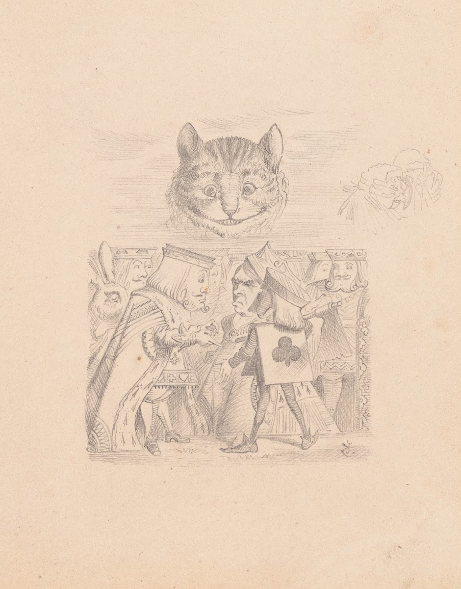 Drawing of the Cheshire Cat in the Sky with Executioner King and Queen below 186