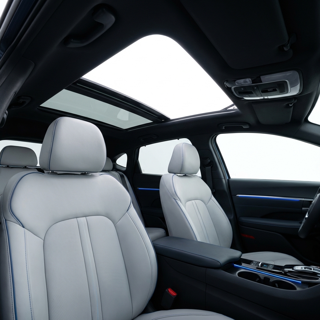 Rear seat perspective showing Toyota Sienna second row captain seats and open moonroof in daylight clean minimalist interior toyota sienna for sale