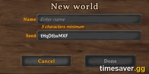Valheim New World dialog showing the Name and Seed fields where a world and its save are created