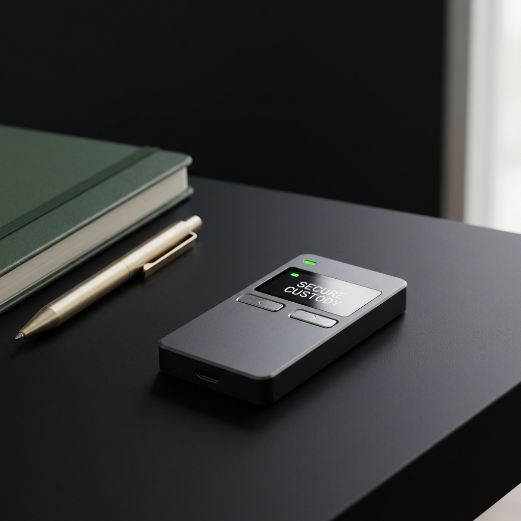 Close up hardware wallet on clean desk with notebook and pen emphasizing personal custody best place to trade crypto