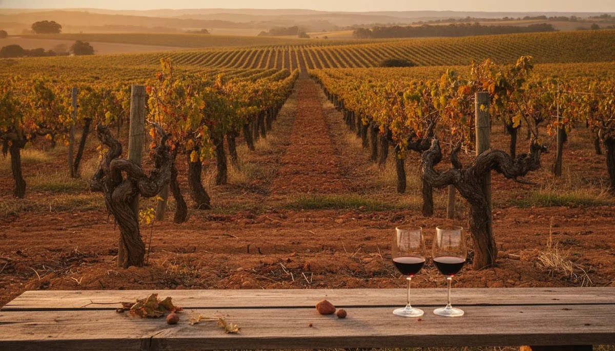 Best Barossa Valley vintages vineyard scene with Shiraz glasses and golden-hour regional atmosphere