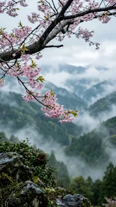 Vibrant Pink Cherry Blossoms Overlooking a Misty Green Mountain Valley