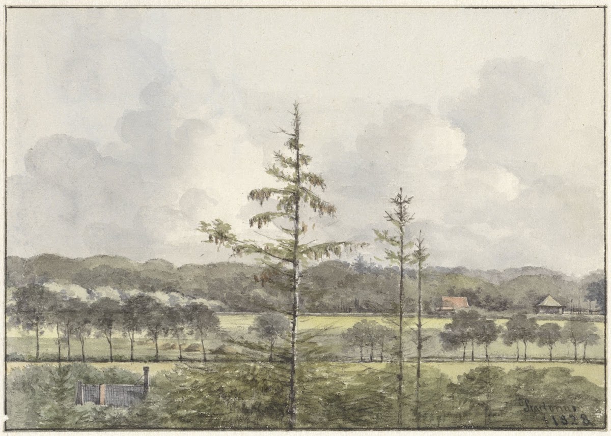 Vergezicht van weilanden met boerderijen 1828