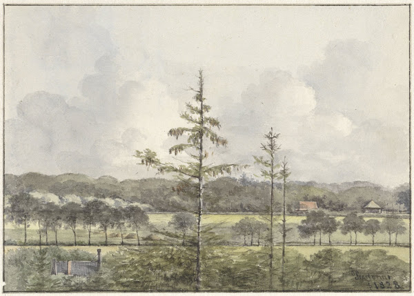 Vergezicht van weilanden met boerderijen 1828