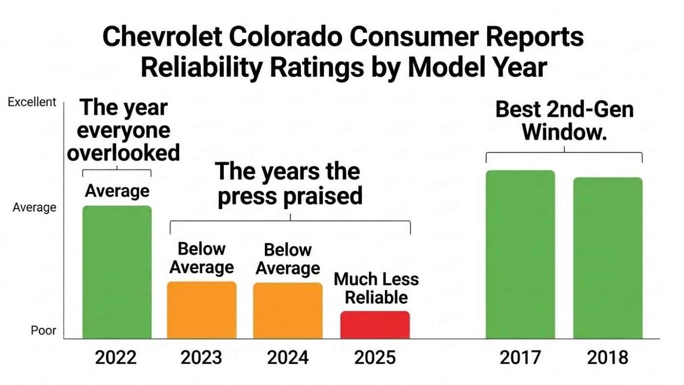 Chart comparing Chevy Colorado reliability ratings, showing 2017-2018 and 2022 outperforming 2023-2025 models.