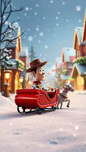 Woody in Sleigh on Snowy Christmas Street