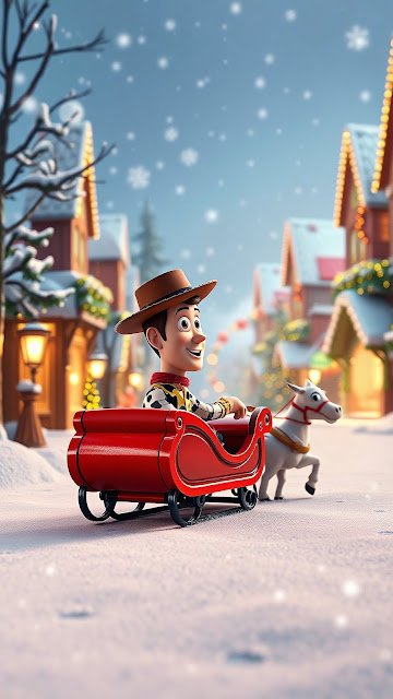 Woody in Sleigh on Snowy Christmas Street - Free mobile Wallpaper