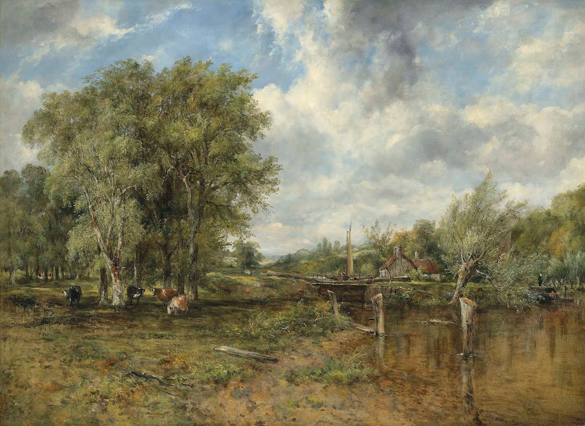 A wooded landscape with a cattle and cottage beyond