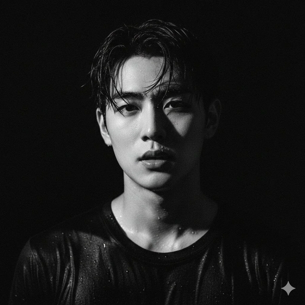 Retrato dramático en blanco y negro: Apuesto hombre de Asia Oriental