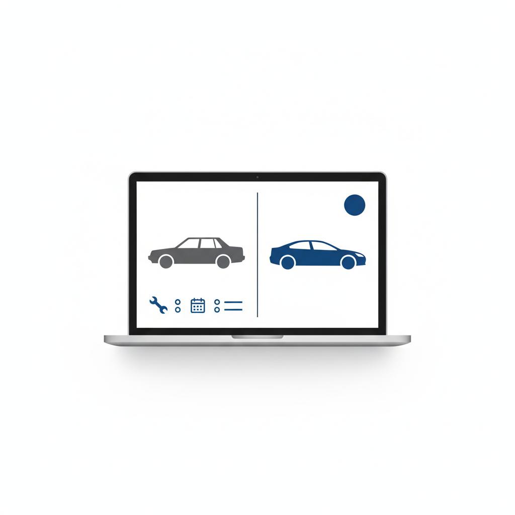 Minimalist 2D vector laptop showing two side by side car listings comparing an older model with service icons and a newer model with a price badge audi car dealership near me