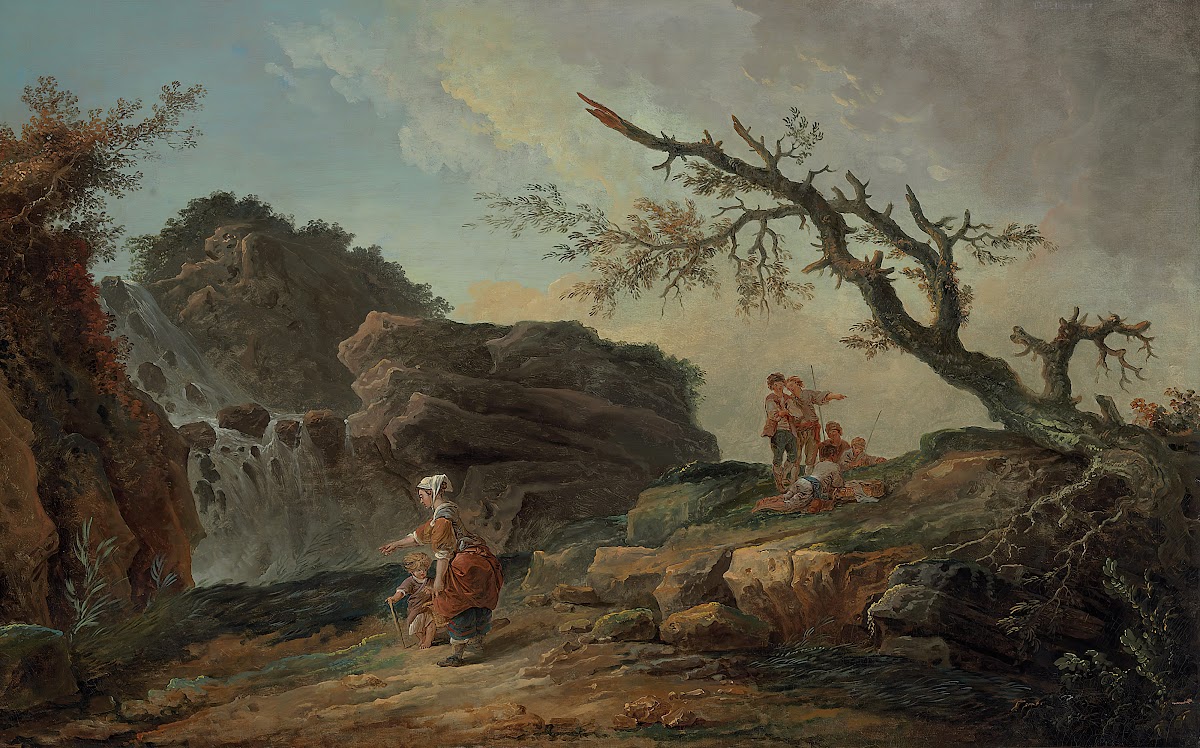 La Cascade A Rocky Hillside With A Peasant Woman And Child Near A Waterfall And