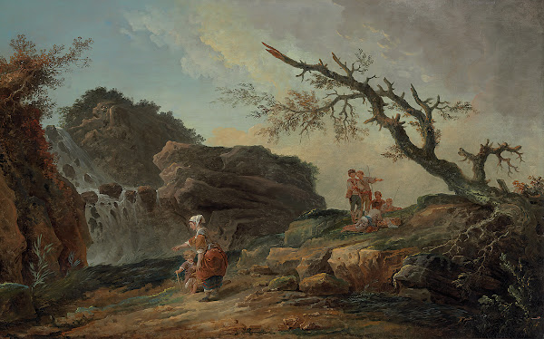La Cascade A Rocky Hillside With A Peasant Woman And Child Near A Waterfall And