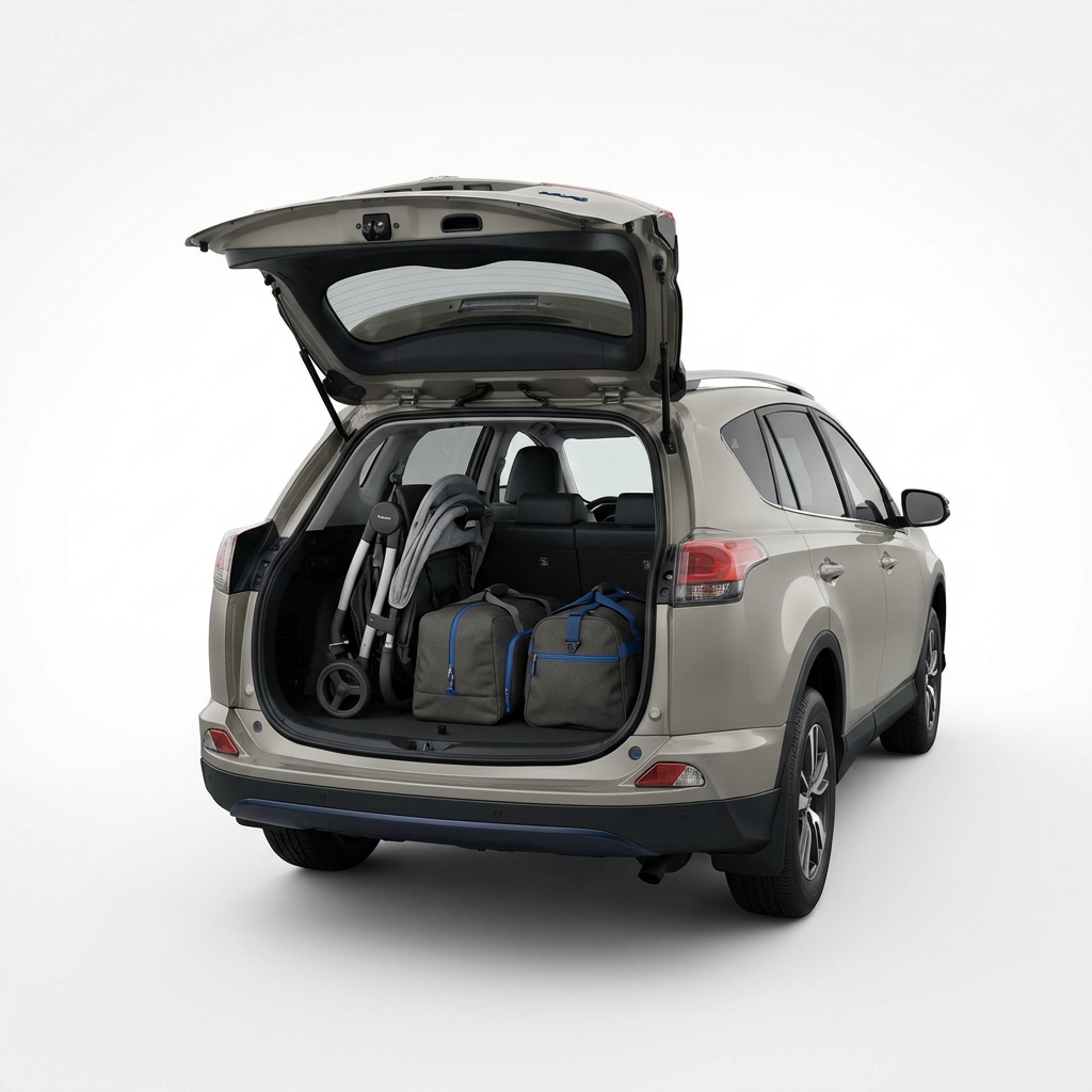 Open cargo area of a Toyota RAV4 showing a folded stroller and two weekend bags on a clean white background chevy equinox suv