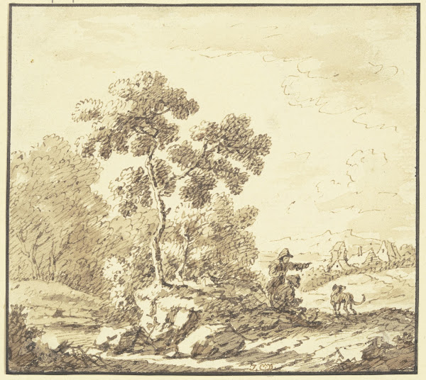 Waldrand rechts Ausblick auf ein Dorf am Weg ein stehender und ein sitzender Man