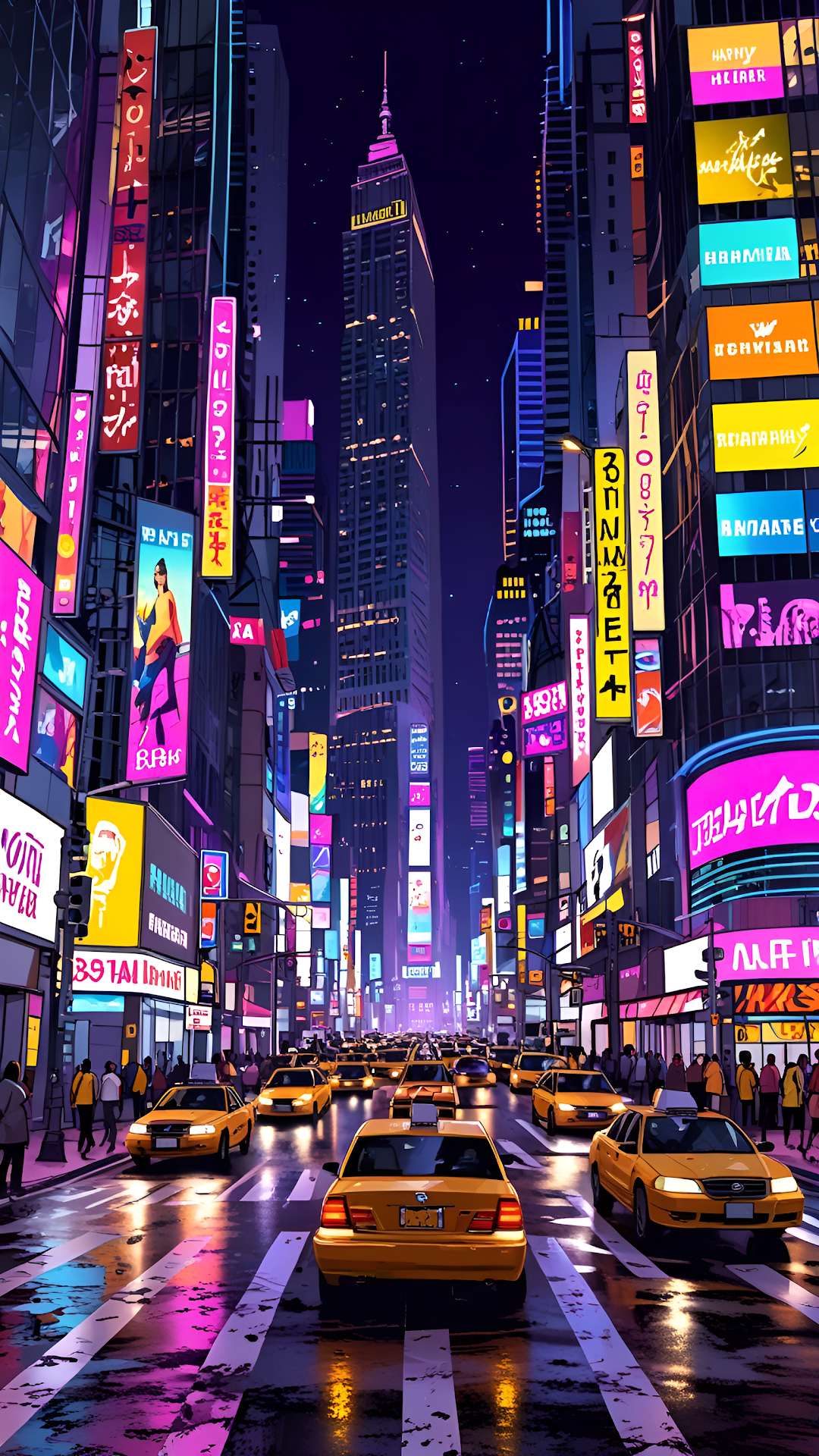 Neon-lit city street with yellow taxis and glowing billboards - Free 4K mobile Wallpaper