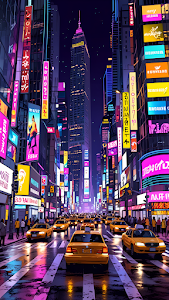Neon-lit city street with yellow taxis and glowing billboards