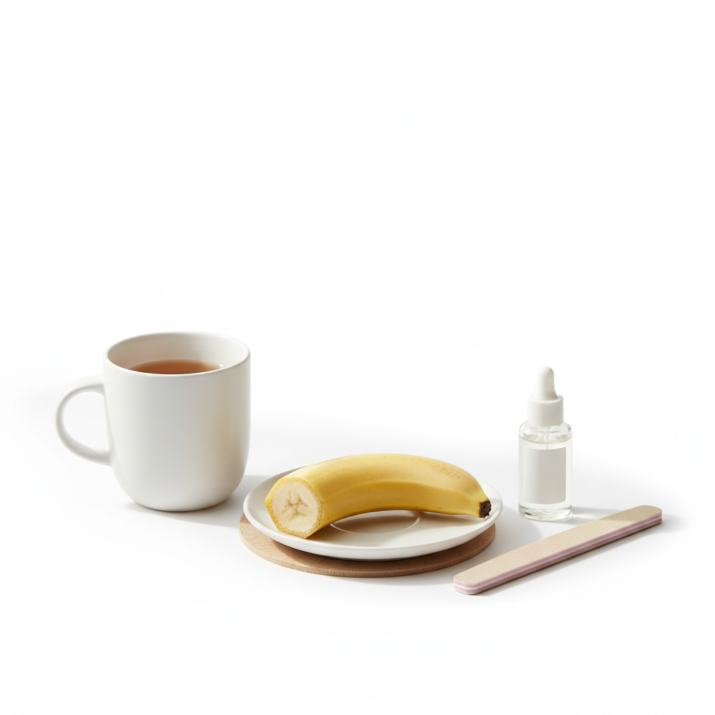Minimalistische Frühstücksecke mit Tee, aufgeschnittener Banane, kleinem Glas Nagelöl und gedrehter Nagelfeile in Pastellrosa – Helfen Bananen den Fingernägeln