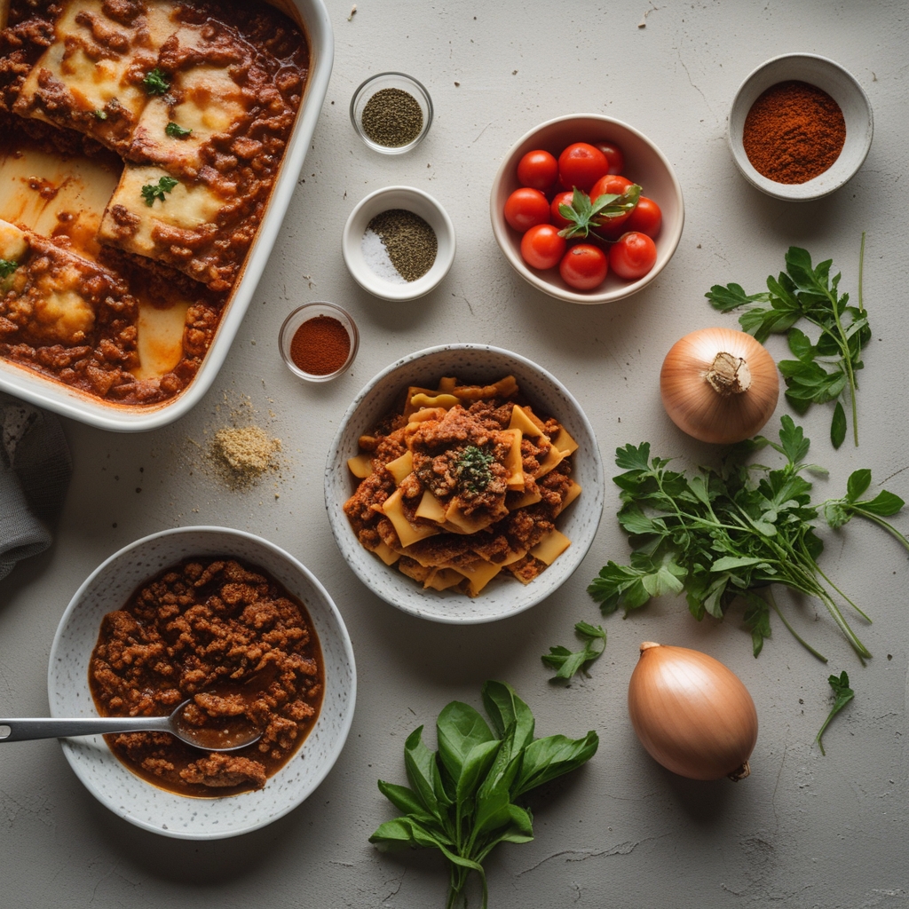 Ingredients for Classic Homemade Lasagna Recipe With Rich Meat Sauce — Easy Comfort Food