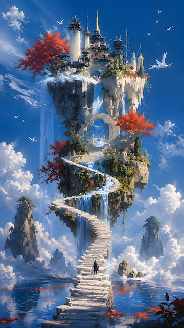 A majestic oriental-style fantasy castle floating in the sky with waterfalls cascading down and a long stone stairway leading up.