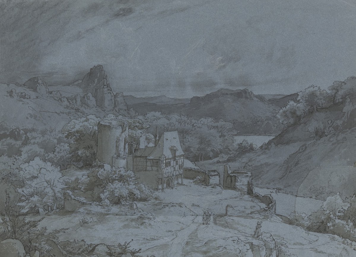 Burgruine mit Fachwerkanbauten in einer Felslandschaft 1834