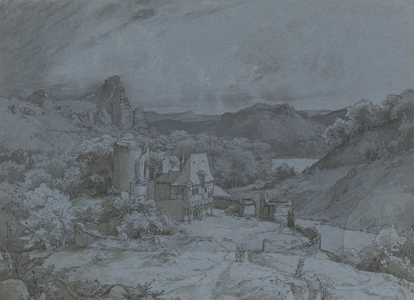 Burgruine mit Fachwerkanbauten in einer Felslandschaft 1834