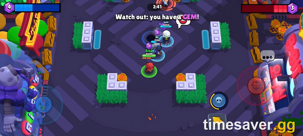 Brawl Stars Gem Grab gameplay with a Brawler carrying gems and a Watch out you have gems warning at the mine