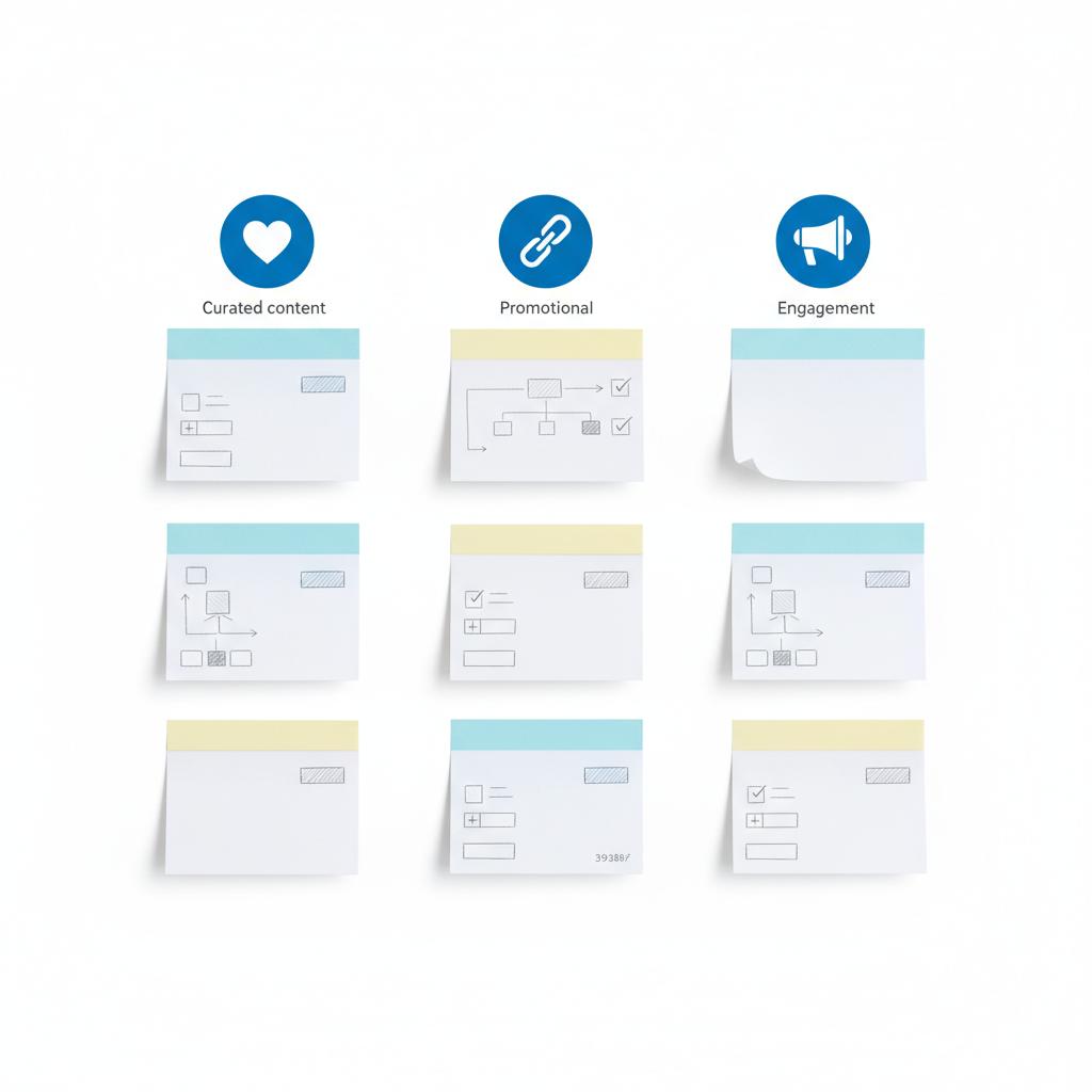 Top-down flat-lay of sticky notes and index cards in three icon-only columns (heart, link, megaphone) representing promotional, curated, and engagement posts &mdash; 30 30 30 rule for social media