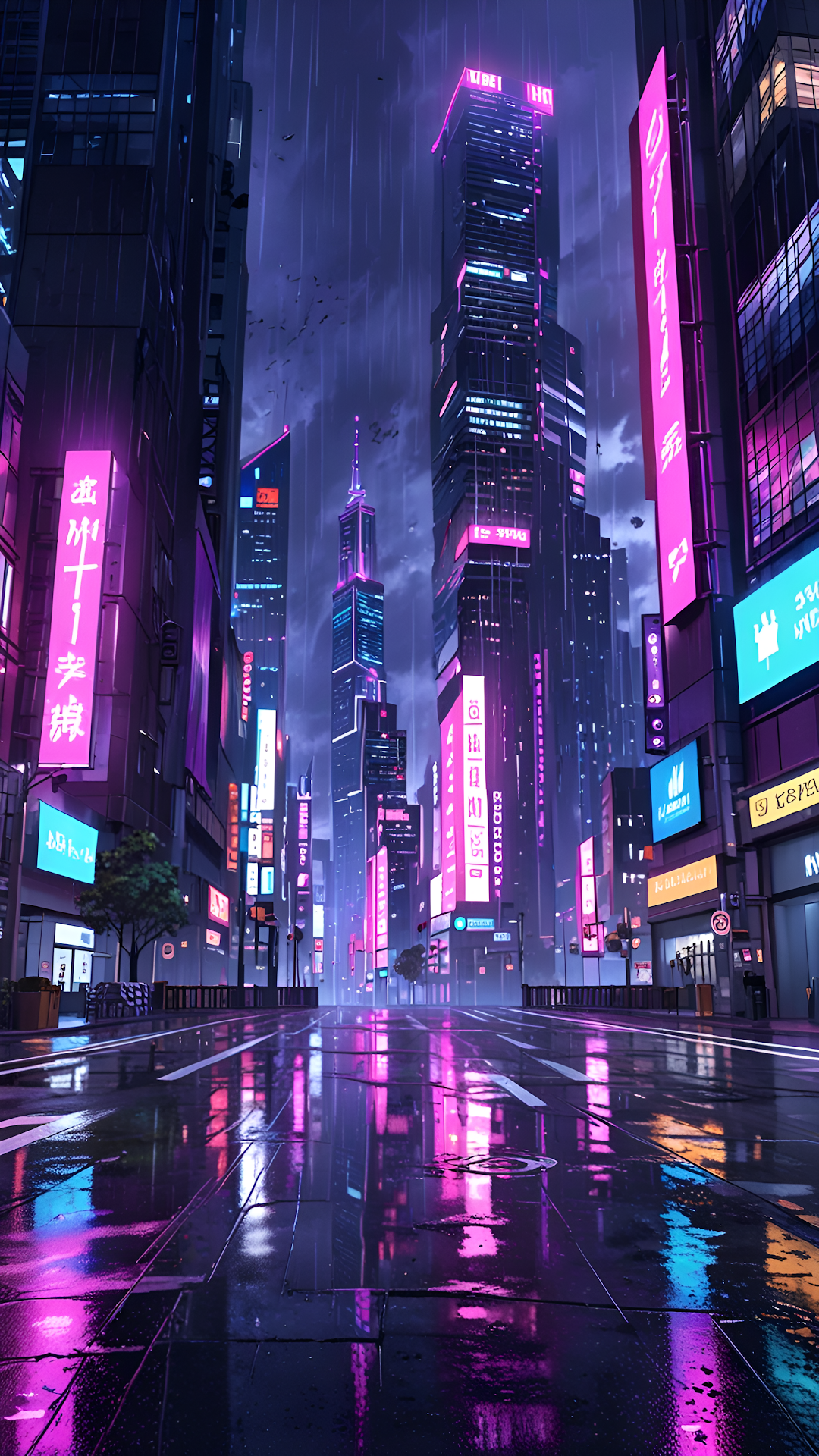 Neon Cyberpunk City Rain, Wet Street Reflections Art - Free 4K mobile Wallpaper