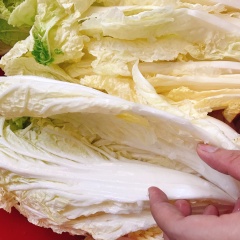 Rửa sạch nguyên liệu, cải thảo rửa sạch và rắc muối hạy theo từng lá cải, ướp 1 tiếng. Cà rốt cắt sợi, hẹ cắt khúc, gừng sắt sợi, lê, tỏi băm nhuyển, ớt xắt sợi.