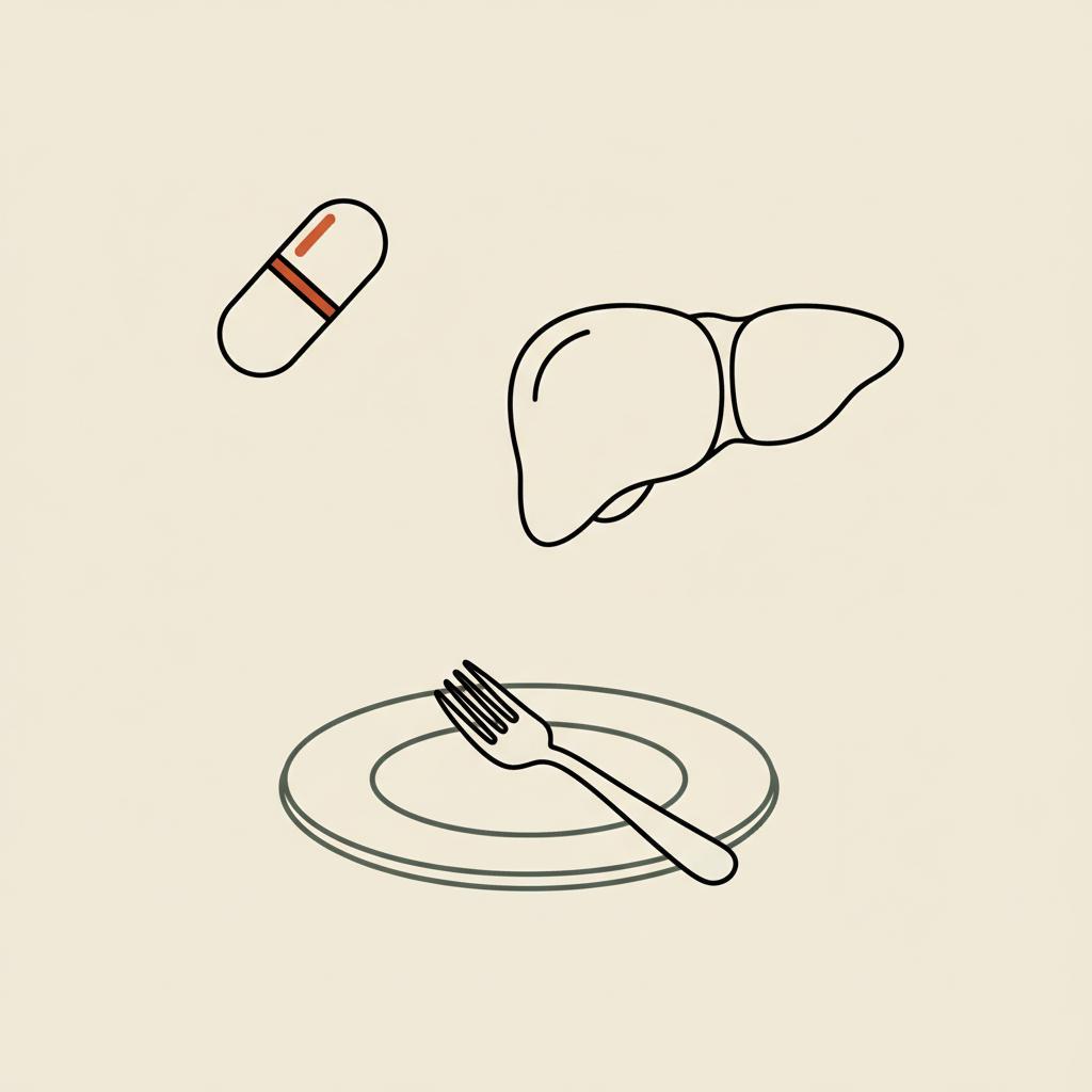 Minimalist line illustration of a capsule, stylized liver icon, and plate with fork on beige background representing berberine drug interactions.