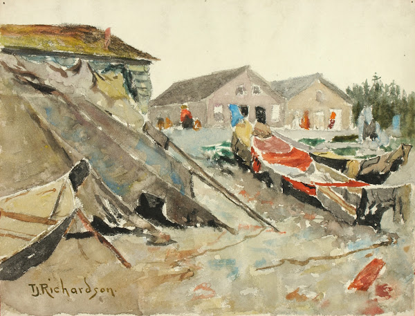 Drying Blankets Over Canoes ca 1890 1914