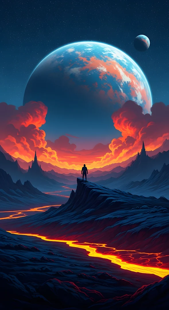 Explorer on Cliff Overlooking Lava River and Alien Planet