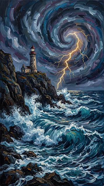 Post-Impressionist Style Art of Stormy Sea and Lighthouse - Free mobile Wallpaper