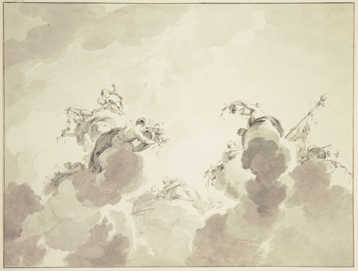 Bacchus Ceres und Flora mit Gefolge in Wolken schwebend