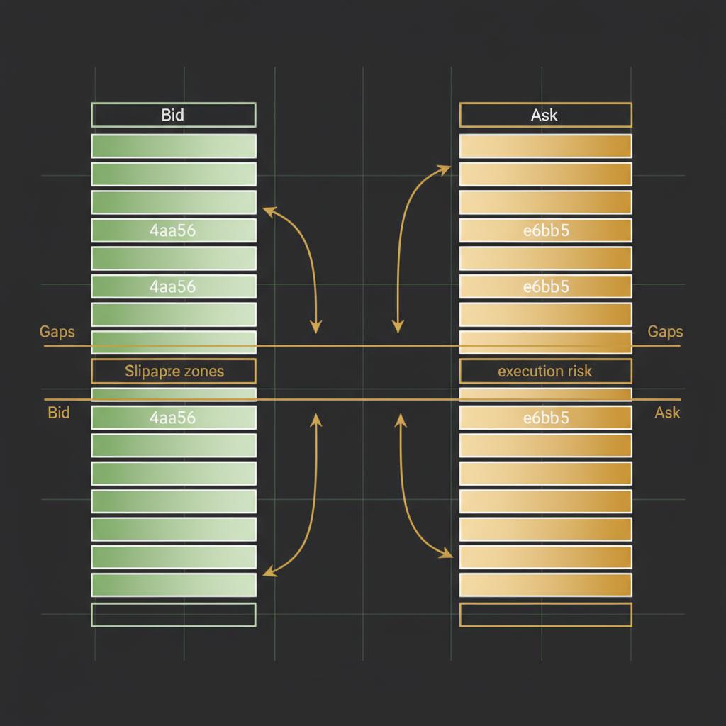 Minimalist 2D vector order book with highlighted gaps and slippage arrows illustrating trading crypto for beginners execution risk on dark background with green and gold accents
