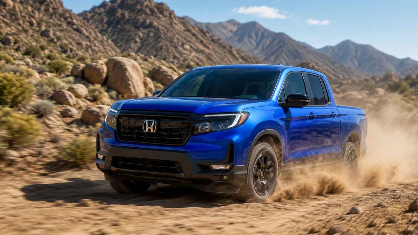Blue Honda Ridgeline driving on dusty desert trail showing TrailSport off-road capability for weekend adventure buyers.