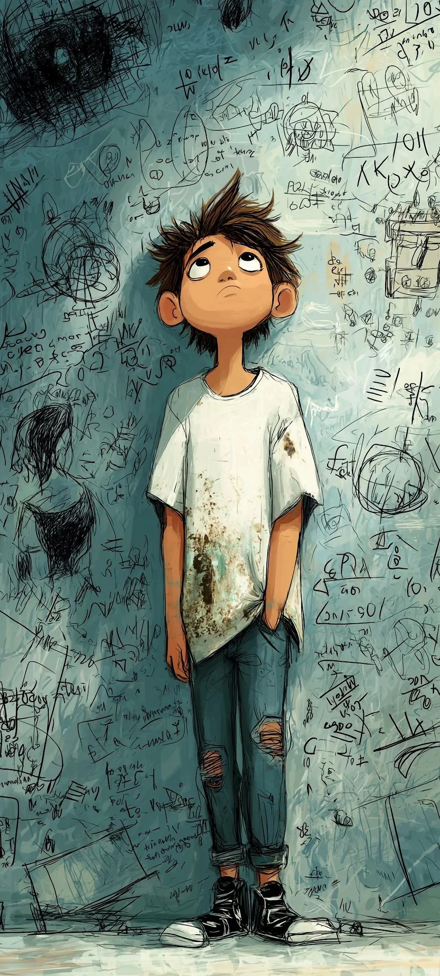 Pensive Boy Against Chaotic Scribbled Wall Art Illustration - Free 4K mobile Wallpaper