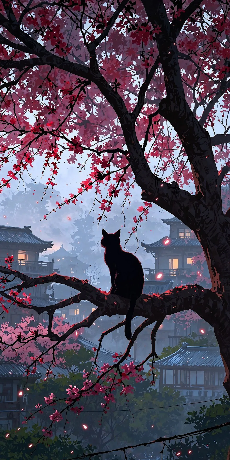Black Cat Silhouette Under Crimson Sakura Tree, Japanese Village Art - Free 4K mobile Wallpaper