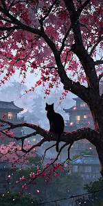Black Cat Silhouette Under Crimson Sakura Tree, Japanese Village Art
