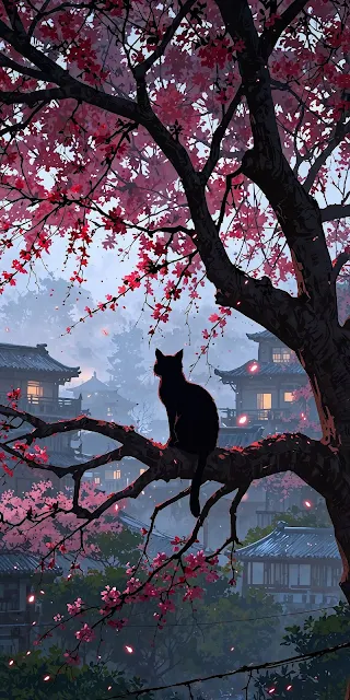 Black Cat Silhouette Under Crimson Sakura Tree, Japanese Village Art