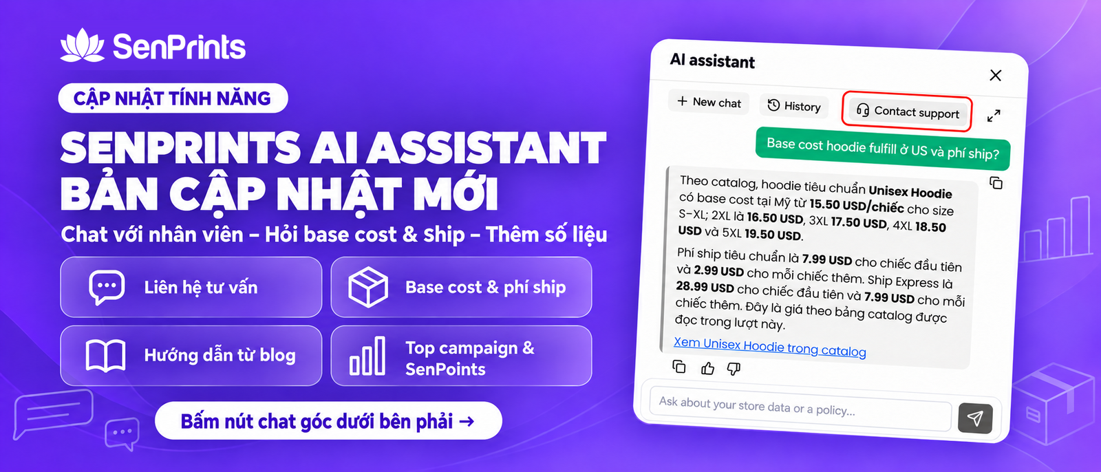 SenPrints AI Assistant bản cập nhật mới: Chat với nhân viên, hỏi base cost & ship, thêm số liệu