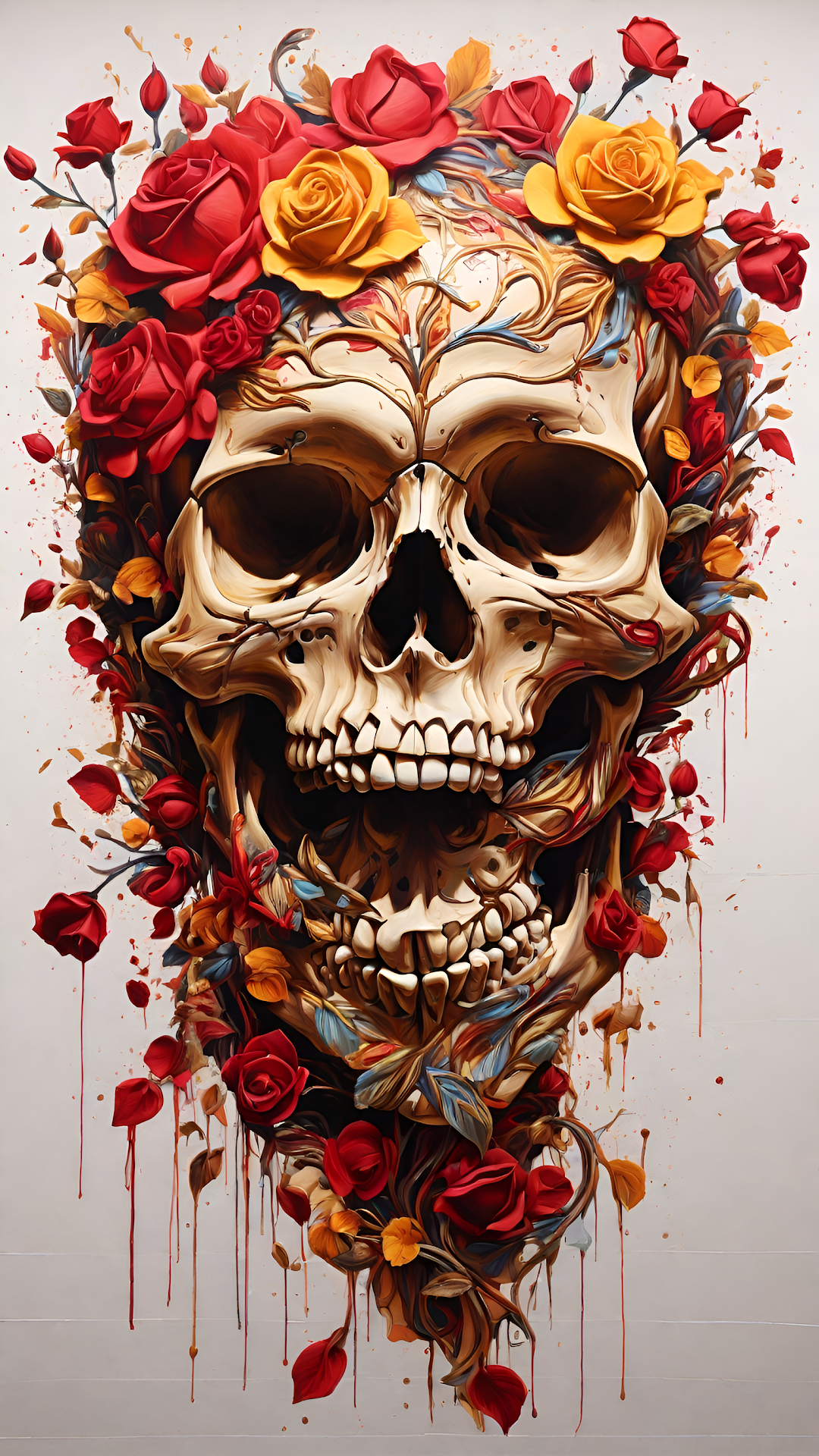 Skull Surrounded by Red and Yellow Roses with Drips - Free 4K mobile Wallpaper