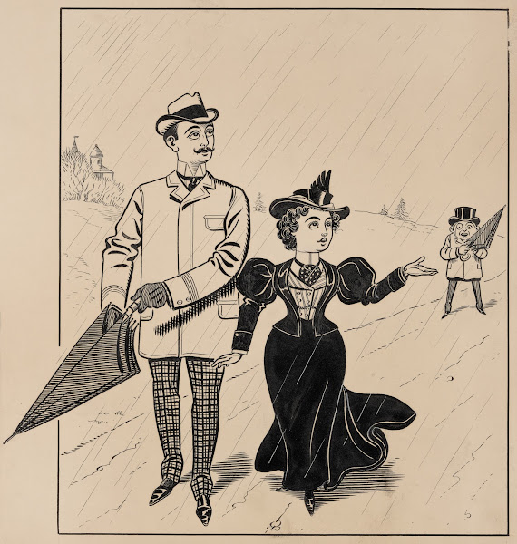 Six comic strip frames of two chivalrous men with woman in rain storm Pl2 1897