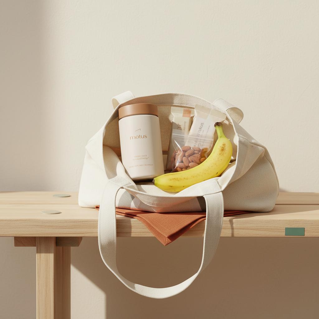 Neutral canvas tote on a bench with Tonum Motus container peeking out beside a packaged protein bars, almonds and a banana in a minimalist portable nutrition scene